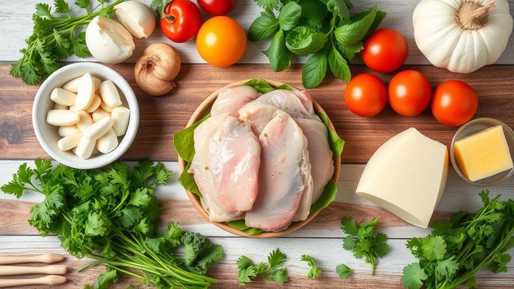 Ingredientes frescos como pão, frango, cenoura, milho, alface e tomate organizados em bancada rústica.