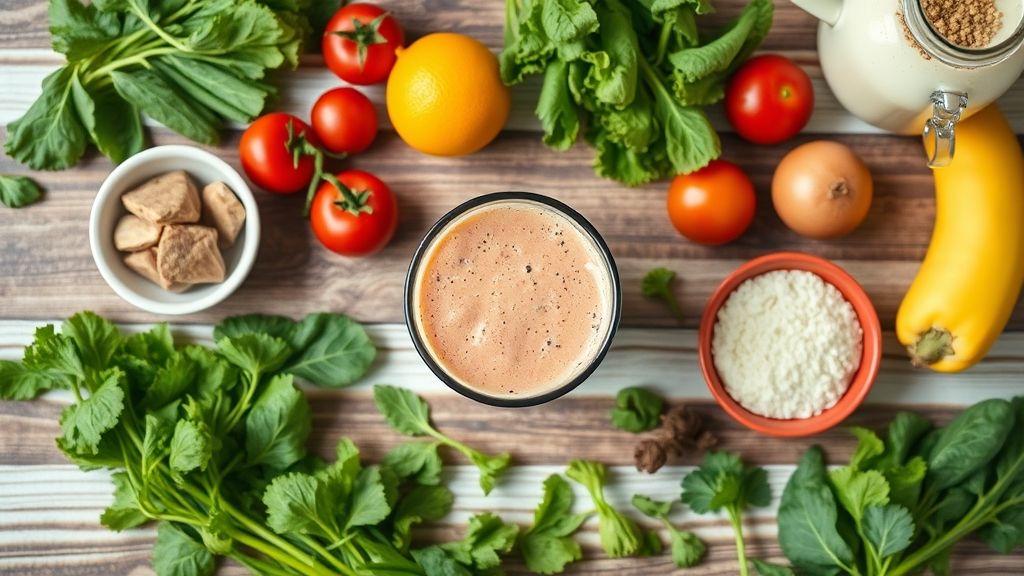 Ingredientes variados para preparar smoothies saudáveis organizados em bancada de cozinha
