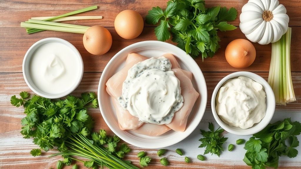 Ingredientes frescos do strogonoff light — frango em cubos, iogurte desnatado, cebola, alho e temperos organizados em bancada.