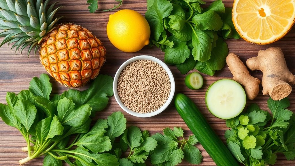 Ingredientes frescos como couve, limão, abacaxi, hortelã e gengibre organizados em bancada rústica