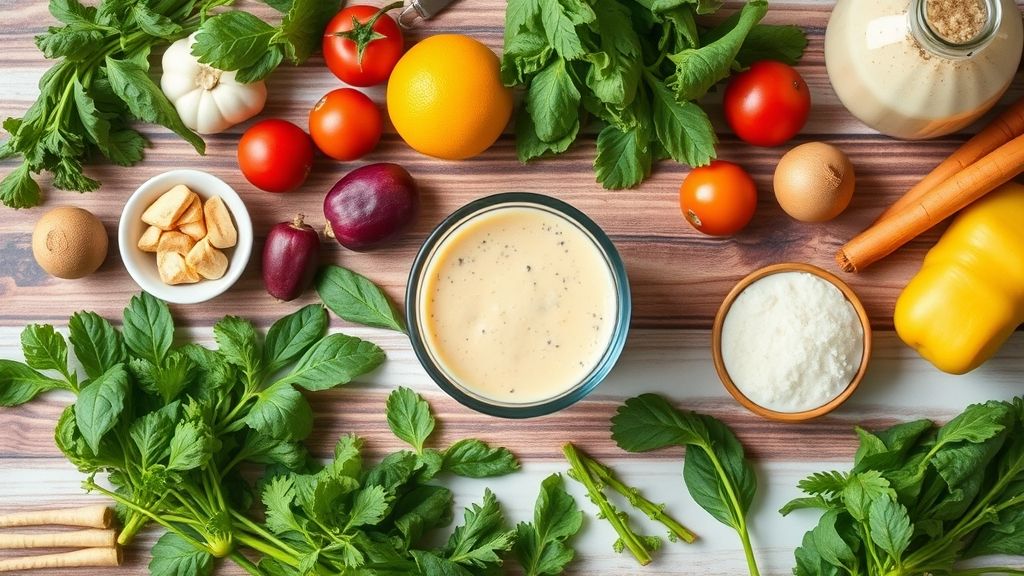 Foto de cima mostrando couve, maçã, limão, gengibre e água organizados em bancada de cozinha