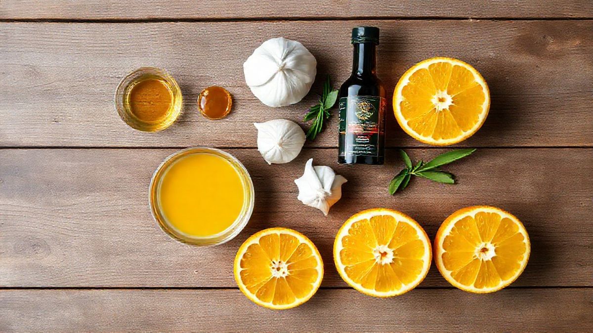 Ingredientes organizados em bancada rústica, prontos para preparar o tempero do tender.