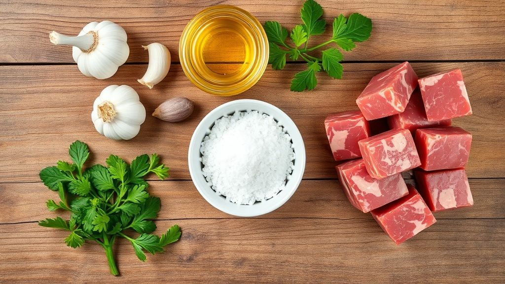 Ingredientes básicos do tempero organizados em flat lay em bancada rústica