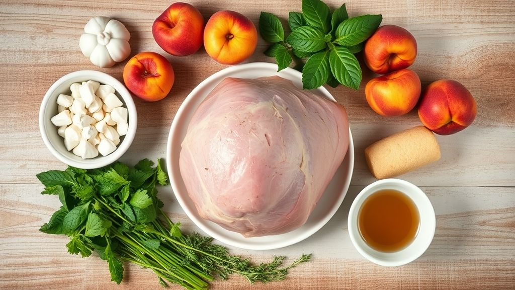 Ingredientes separados e organizados: tender, pêssegos em calda, açúcar mascavo, suco de laranja e especiarias em uma bancada