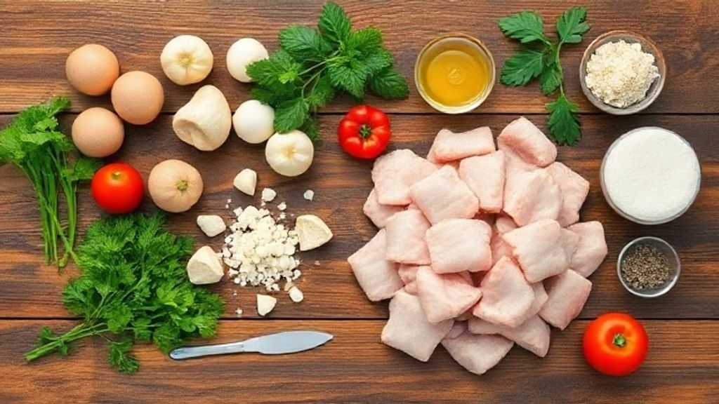 Ingredientes do torresmo organizados em bancada de madeira: barriga suína, sal, temperos e óleo.