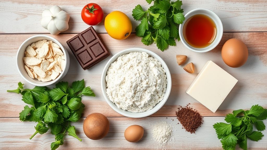 Ingredientes separados em flat lay: creme de leite, cacau em pó e bolachas de chocolate organizados na bancada