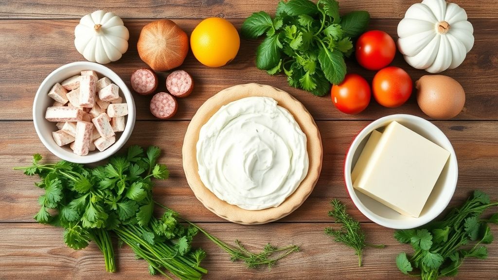 Ingredientes separados em tigelas sobre bancada de madeira, incluindo calabresa, farinha, ovos, leite e requeijão