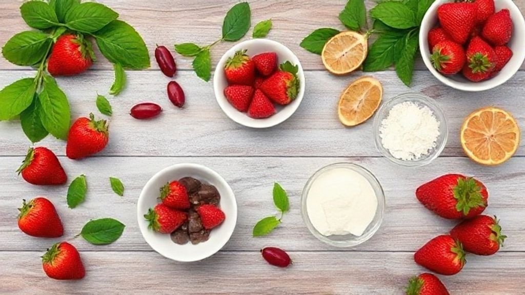 Ingredientes da receita organizados em bancada: bolacha de chocolate, nata, leite condensado, leite em pó, morangos e chocolate meio amargo.