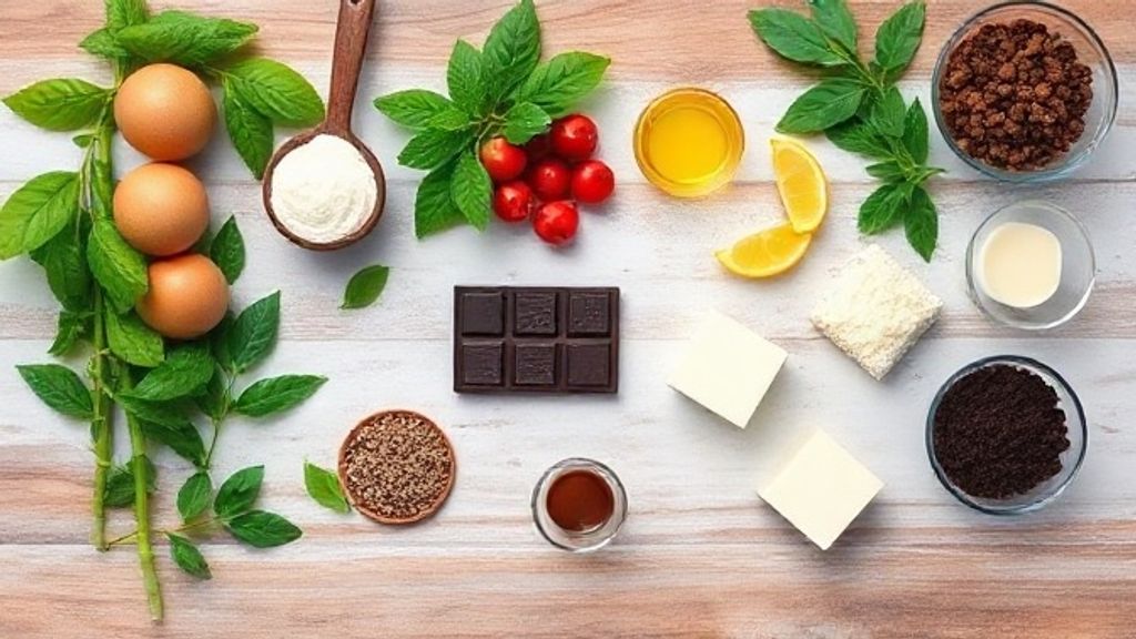 Ingredientes medidos da receita organizados em uma bancada de mármore