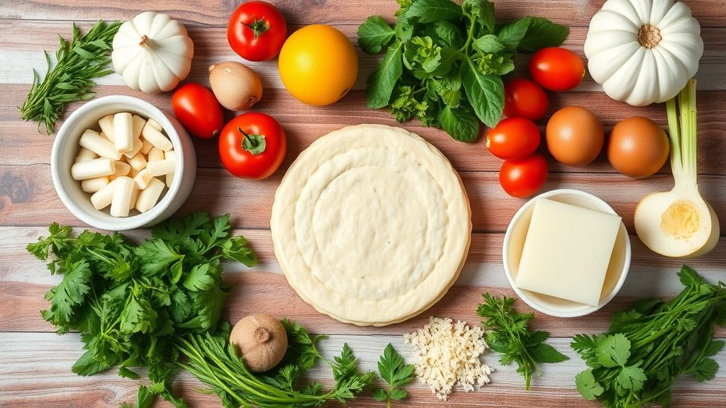 Ingredientes da torta portuguesa salgada organizados em flat lay sobre bancada de madeira