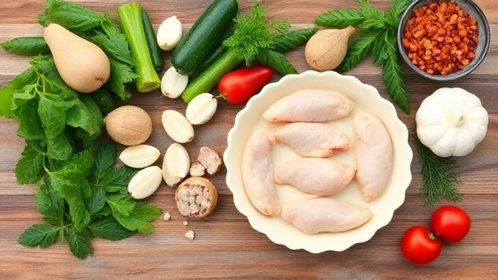 Ingredientes frescos da torta salgada de frango organizados em flat lay sobre uma bancada rústica.