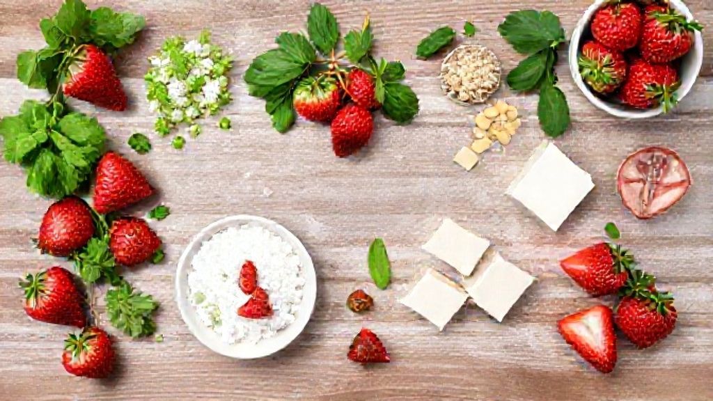 Ingredientes separados e organizados para preparar trufas de morango, vistos de cima.