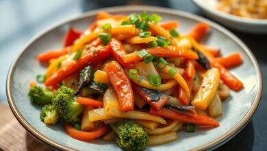 Prato colorido de legumes salteados crocantes e servidos em frigideira rústica, com textura leve e sabor marcante