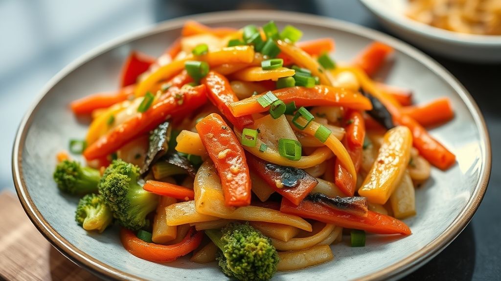 Prato colorido de legumes salteados crocantes e servidos em frigideira rústica, com textura leve e sabor marcante