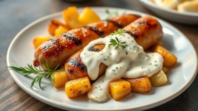 Travessa com linguicinha assada dourada acompanhada de batata com maionese cremosa, prato caseiro e apetitoso pronto para servir