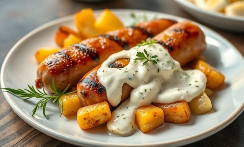 Travessa com linguicinha assada dourada acompanhada de batata com maionese cremosa, prato caseiro e apetitoso pronto para servir