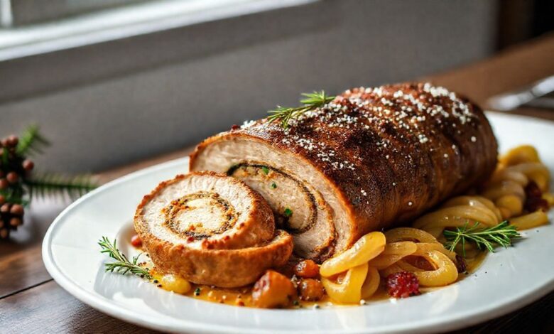 Lombo suculento assado e fatiado, recheado e decorado com alecrim em uma elegante travessa natalina