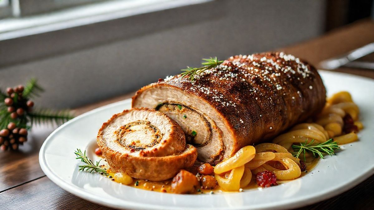 Lombo suculento assado e fatiado, recheado e decorado com alecrim em uma elegante travessa natalina