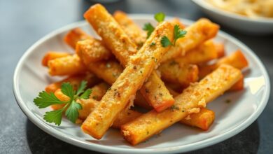 Palitos de mandioca assada crocante, dourados por fora e macios por dentro, servidos em prato de cerâmica com salsinha fresca