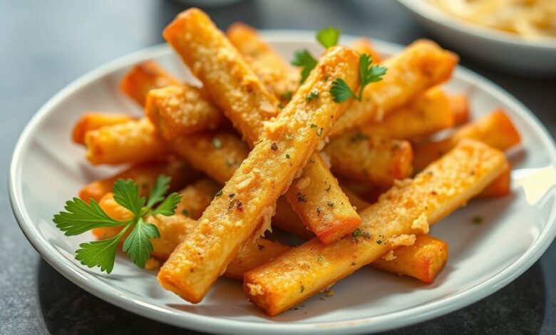 Palitos de mandioca assada crocante, dourados por fora e macios por dentro, servidos em prato de cerâmica com salsinha fresca