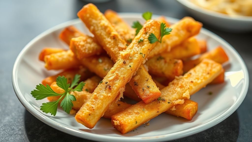 Mandioca assada crocante servida em prato rústico, dourada e macia por dentro, perfeita como petisco ou acompanhamento saudável