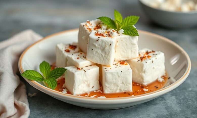 Travessa com maria-mole coberta de coco, docinhos fofos e bem apresentados, prontos para servir.