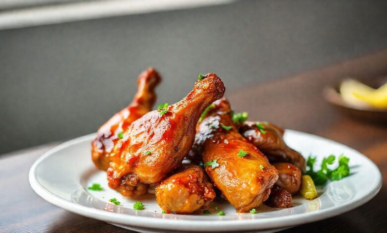 Asinhas de frango douradas, suculentas e bem temperadas com marinada caseira, servidas em prato rústico.