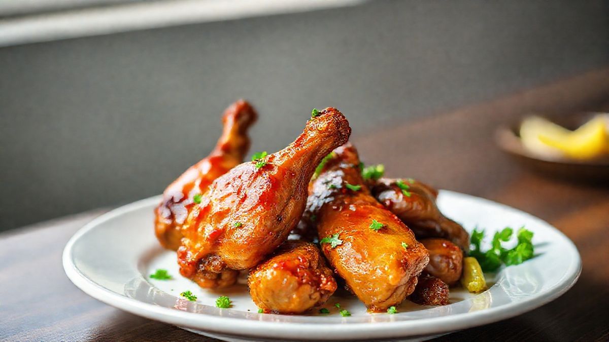 Asinhas de frango douradas, suculentas e bem temperadas com marinada caseira, servidas em prato rústico.