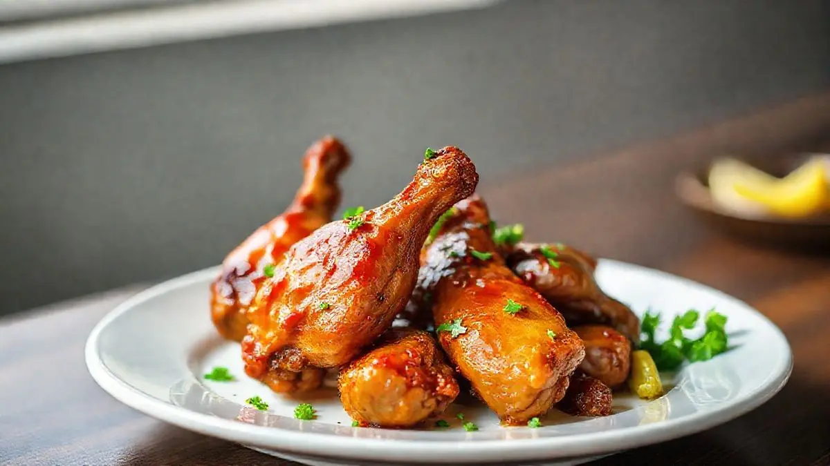 Asinhas de frango douradas, suculentas e bem temperadas com marinada caseira, servidas em prato rústico.