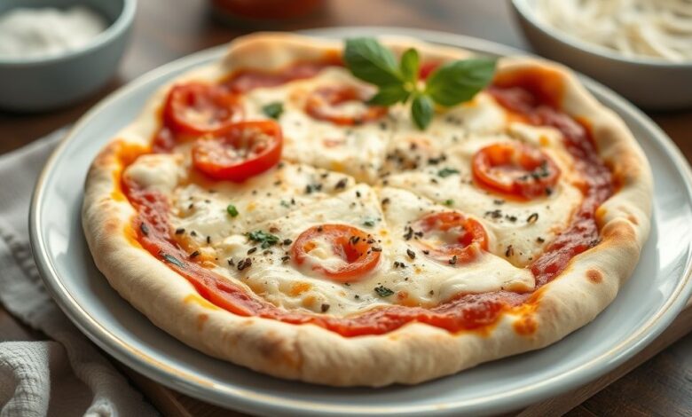 Pizza caseira com bordas crocantes, mussarela derretida e orégano fresco no topo, servida em tábua rústica