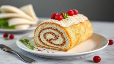 Um rocambole dourado e leve, enrolado com recheio cremoso e polvilhado com açúcar de confeiteiro.