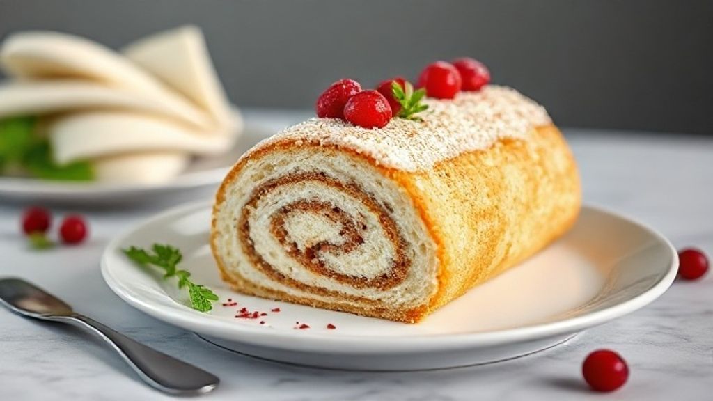 Massa de rocambole fofinha finalizada e recheada, leve e flexível, pronta para servir como sobremesa artesanal.