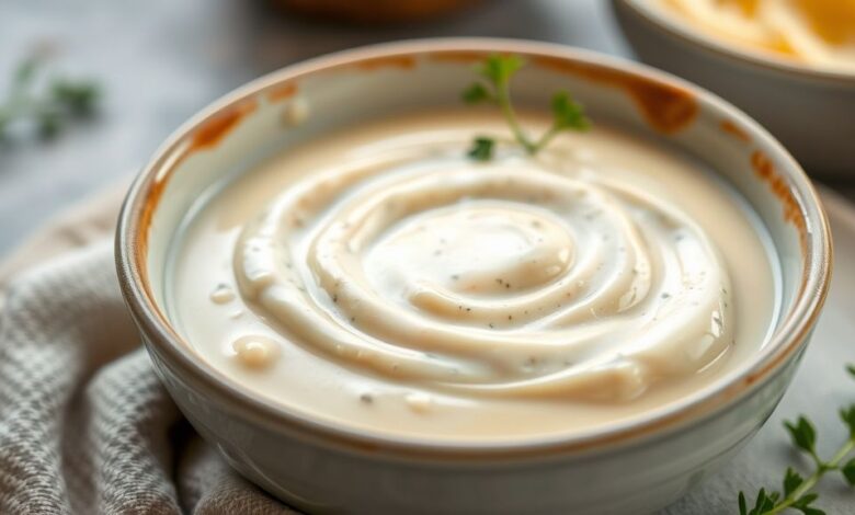 Tigela com molho branco cremoso, servido de forma elegante e apetitosa.