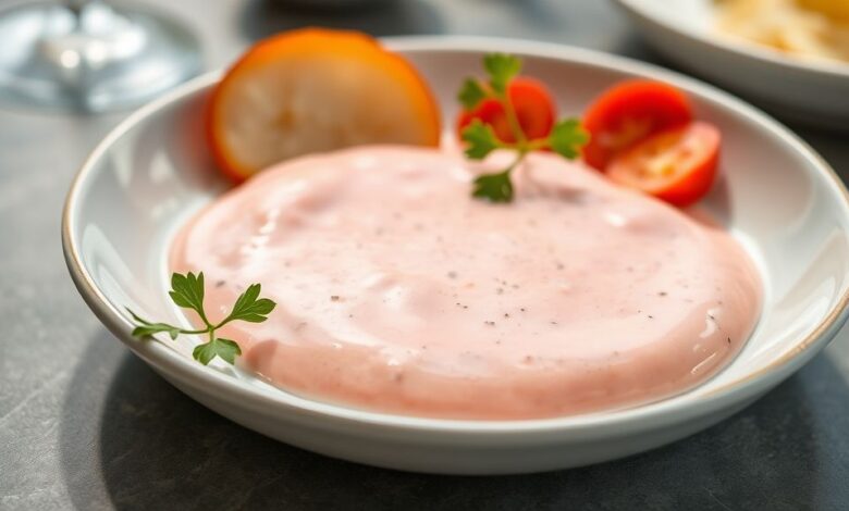 Tigela de molho rosé cremoso, textura aveludada e cor rosada, servido de forma elegante e apetitosa.