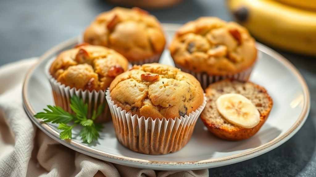 Muffins dourados de banana, fofinhos, polvilhados com canela e açúcar, servidos em forminhas sobre prato rústico.