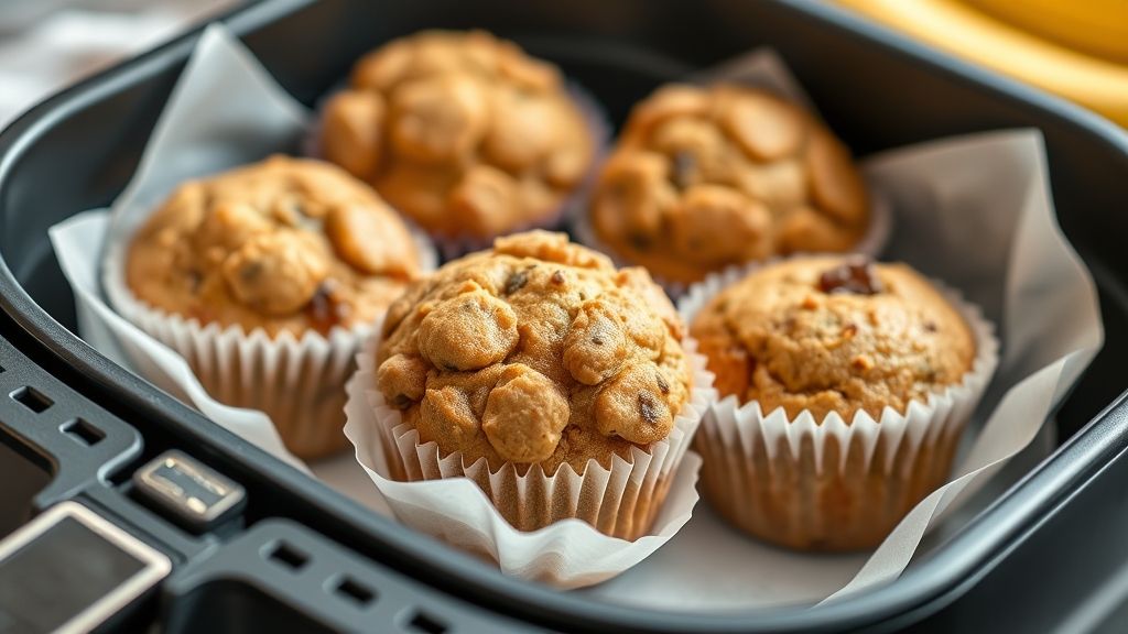 Muffin de banana na air fryer pronto e dourado, macio por dentro e com cobertura decorada, servido em forminhas