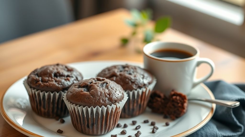 Muffin na air fryer pronto, fofinho e polvilhado com açúcar de confeiteiro em prato decorado