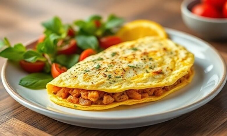 Omelete dourado, dobrado e recheado com frango, queijo muçarela derretido e tomates-cereja, servido em prato elegante.