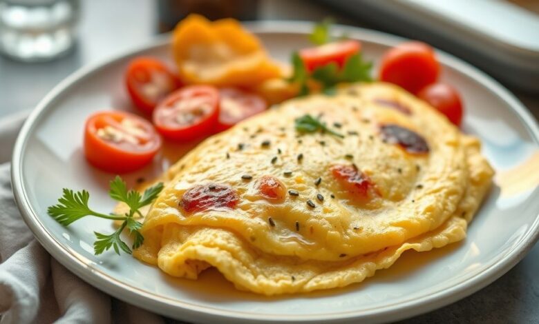 Omelete dourada e macia dobrada ao meio, servida em prato branco com recheio apetitoso