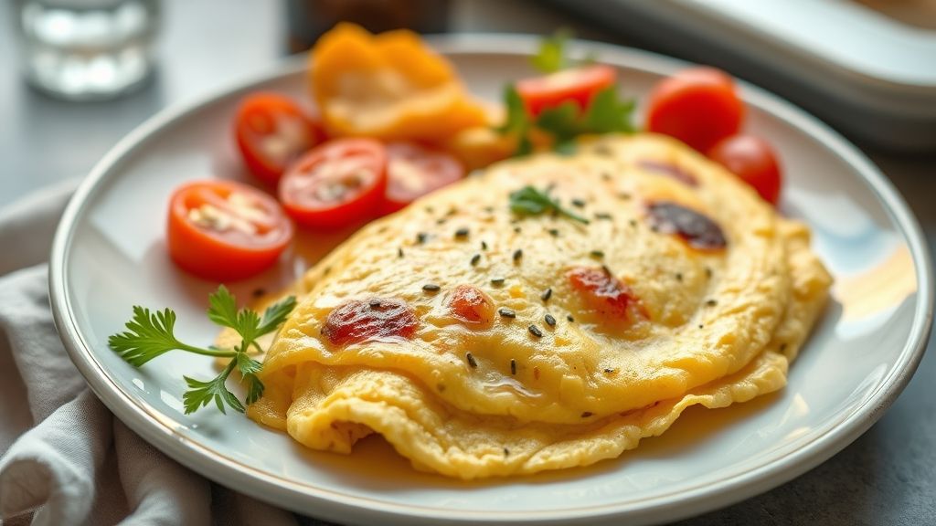 Omelete dourada e macia dobrada ao meio, servida em prato branco com recheio apetitoso
