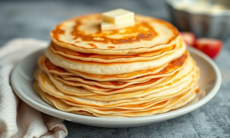 Panquecas douradas e macias empilhadas em prato branco, prontas para rechear