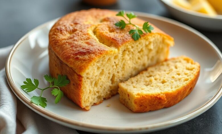 Pão de fubá sem trigo e sem ovos dourado, macio e apetitoso, servido em fatias sobre uma tábua rústica