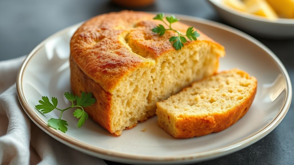 Pão de fubá sem trigo e sem ovos dourado, macio e apetitoso, servido em fatias sobre uma tábua rústica