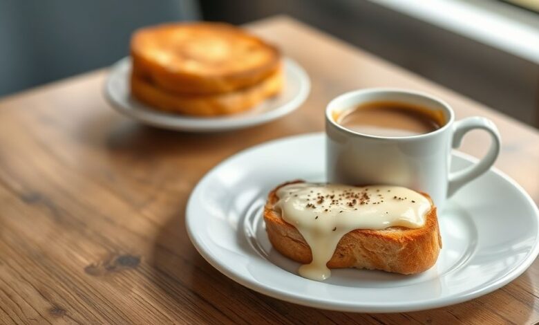 Sanduíche dourado de pão na chapa recheado com queijo derretido, servido ao lado de uma xícara de café com leite cremoso