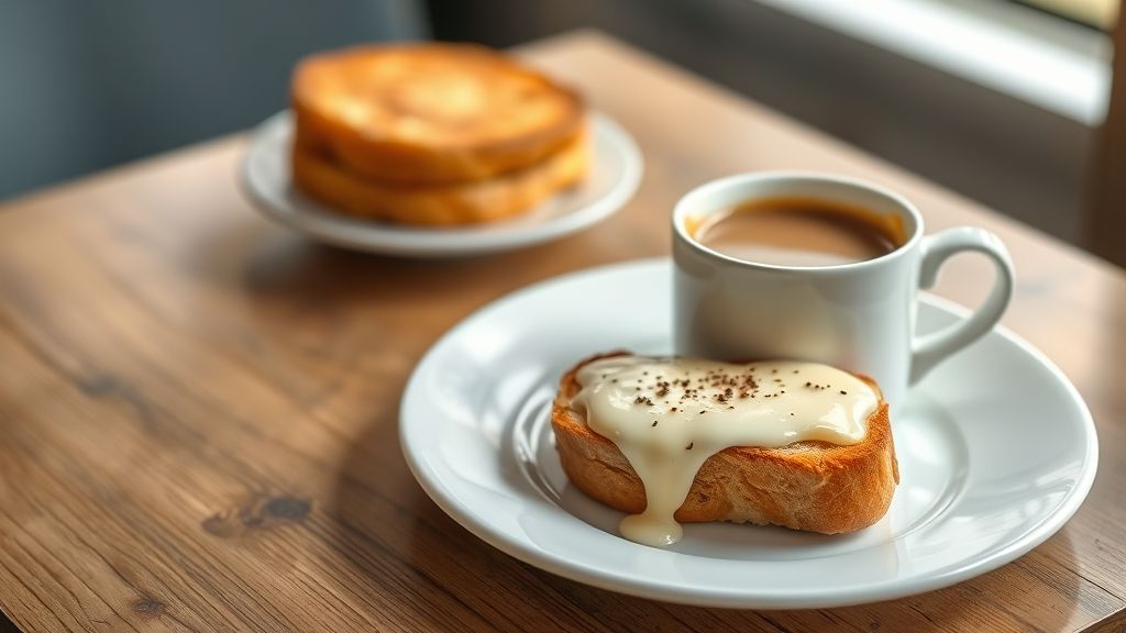 Sanduíche dourado de pão na chapa recheado com queijo derretido, servido ao lado de uma xícara de café com leite cremoso