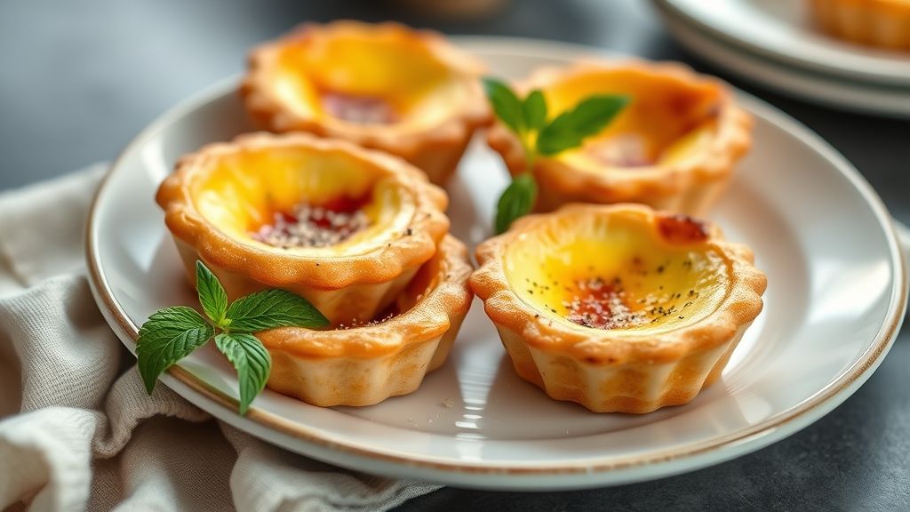 Pastel de Belém na air fryer pronto, dourado e cremoso, servido em prato elegante com massa folhada crocante.