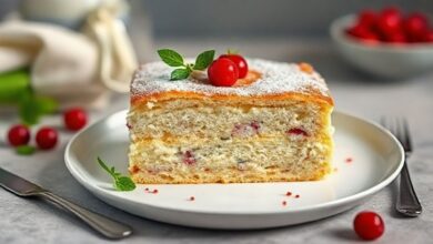 Pavê de Bis simples em travessa de vidro, com camadas de creme branco, crocância de Bis e cobertura de ganache brilhante decorado com pedaços de chocolate