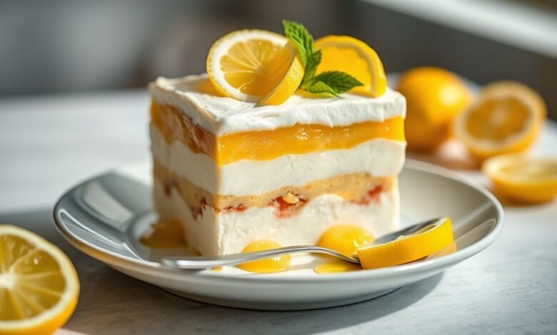 Sobremesa pronta em refratário de vidro, camadas cremosas de limão com raspas frescas decorando o topo