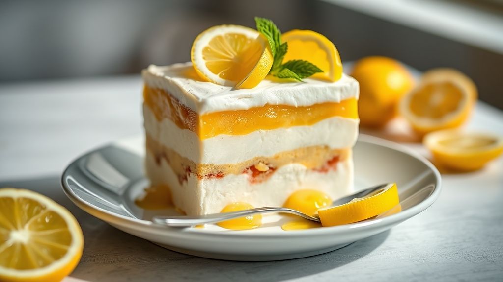 Pavê de limão finalizado em refratário de vidro, com camadas cremosas e raspas de limão decorando o topo da sobremesa