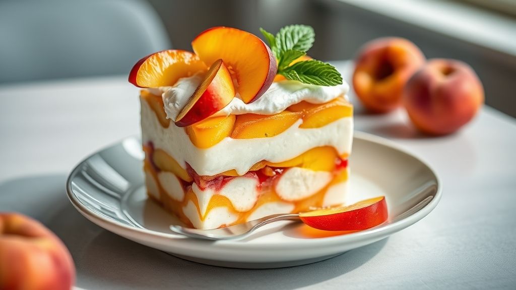 Pavê de pêssego rápido servido em refratário de vidro, cremoso e decorado com frutas frescas, sobremesa gelada em camadas